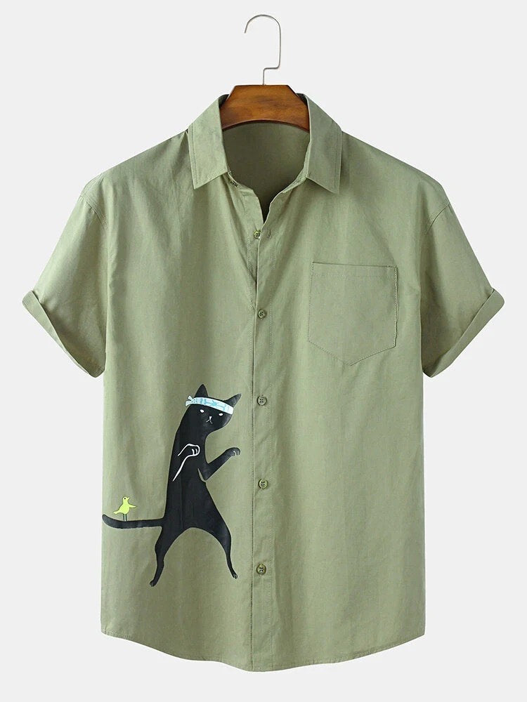Graphic Ninja Cat Print Olive Green Half Sleeve Casual Shirt for Men