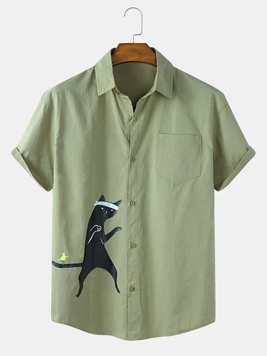Graphic Ninja Cat Print Olive Green Half Sleeve Casual Shirt for Men