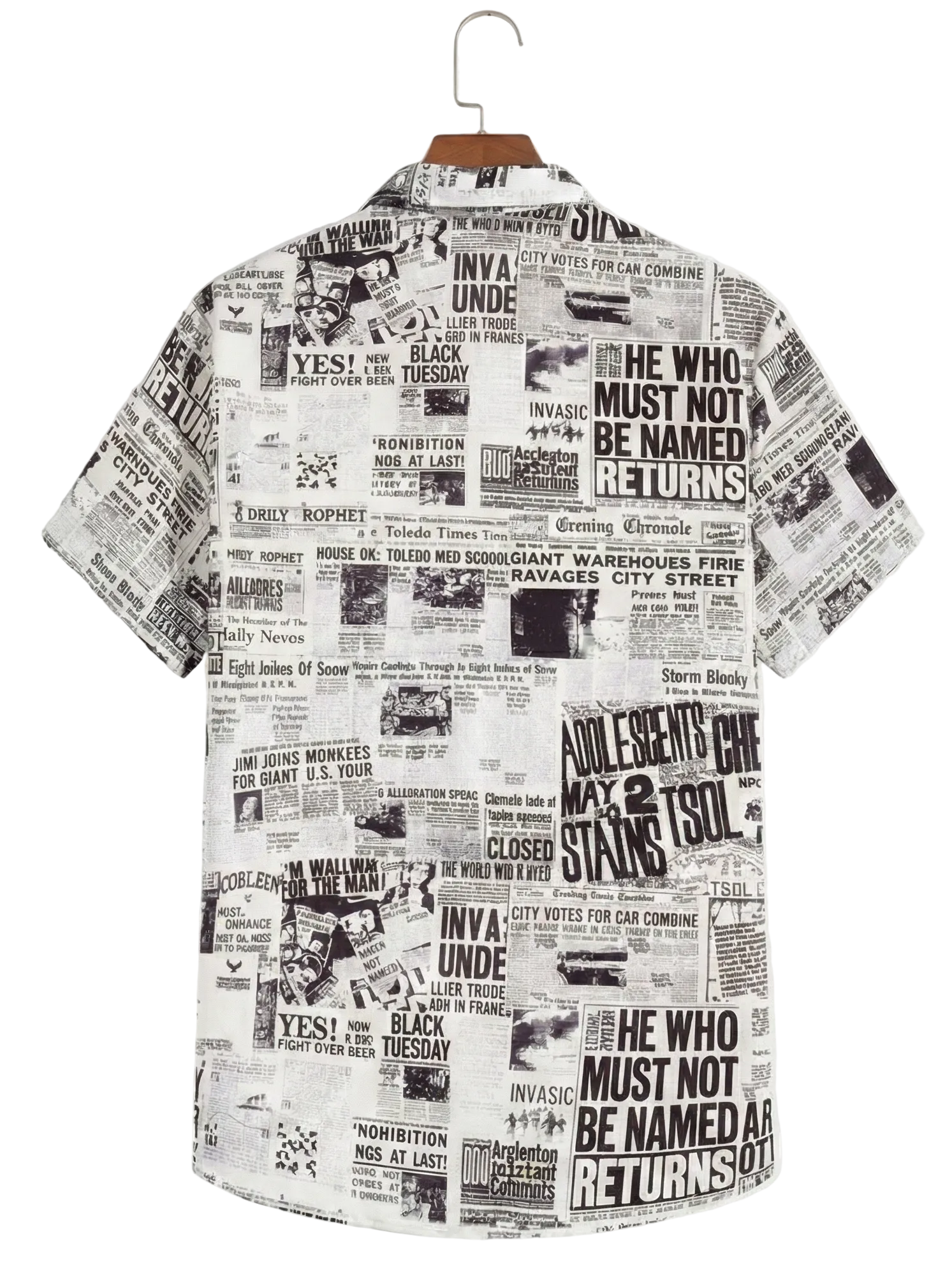Short-sleeve shirt with newspaper print on a white background