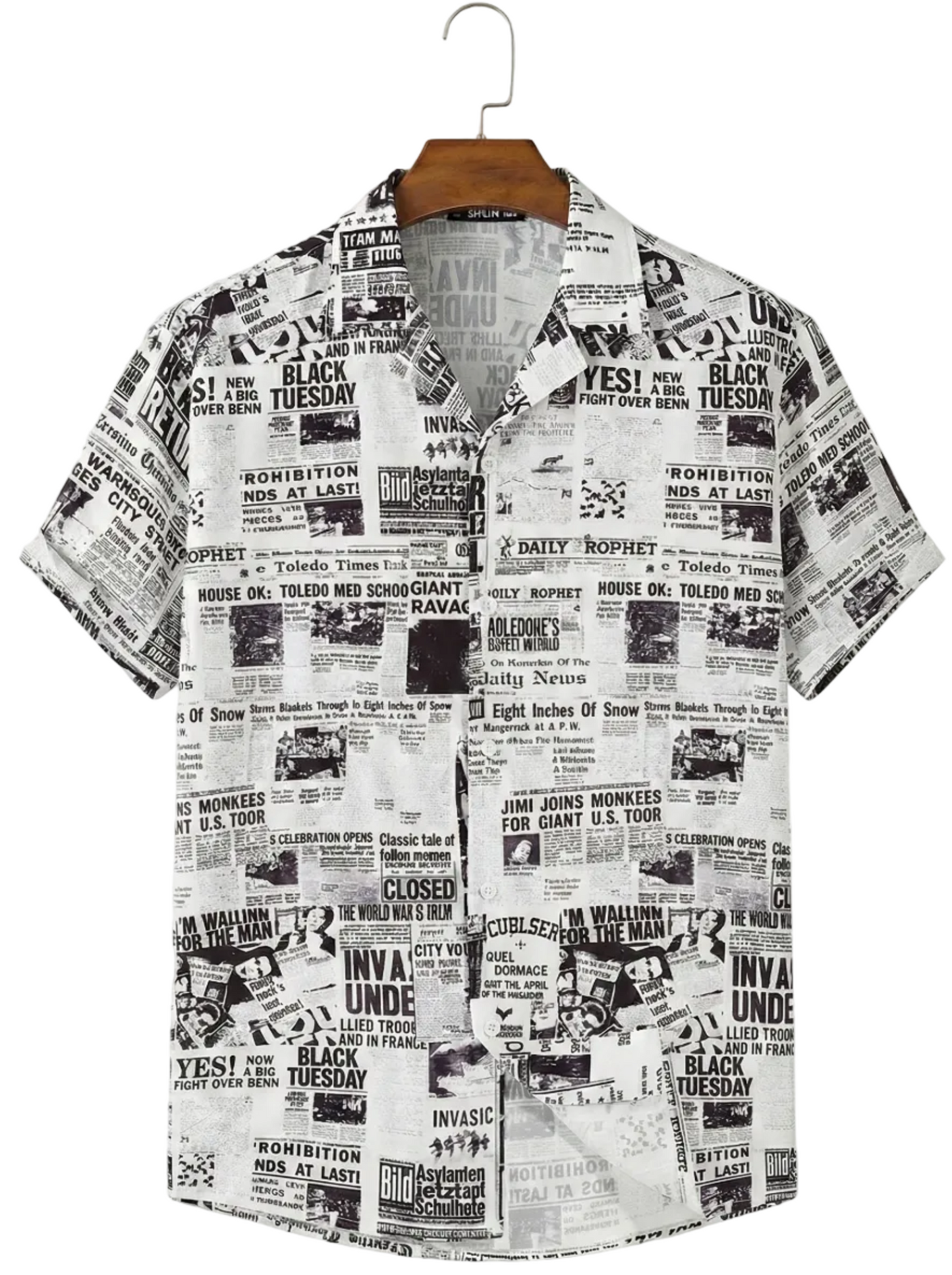 Short-sleeve shirt with vintage newspaper print on a white background