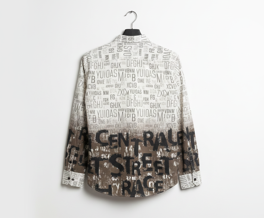 Textured shirt with black lettering on a white background