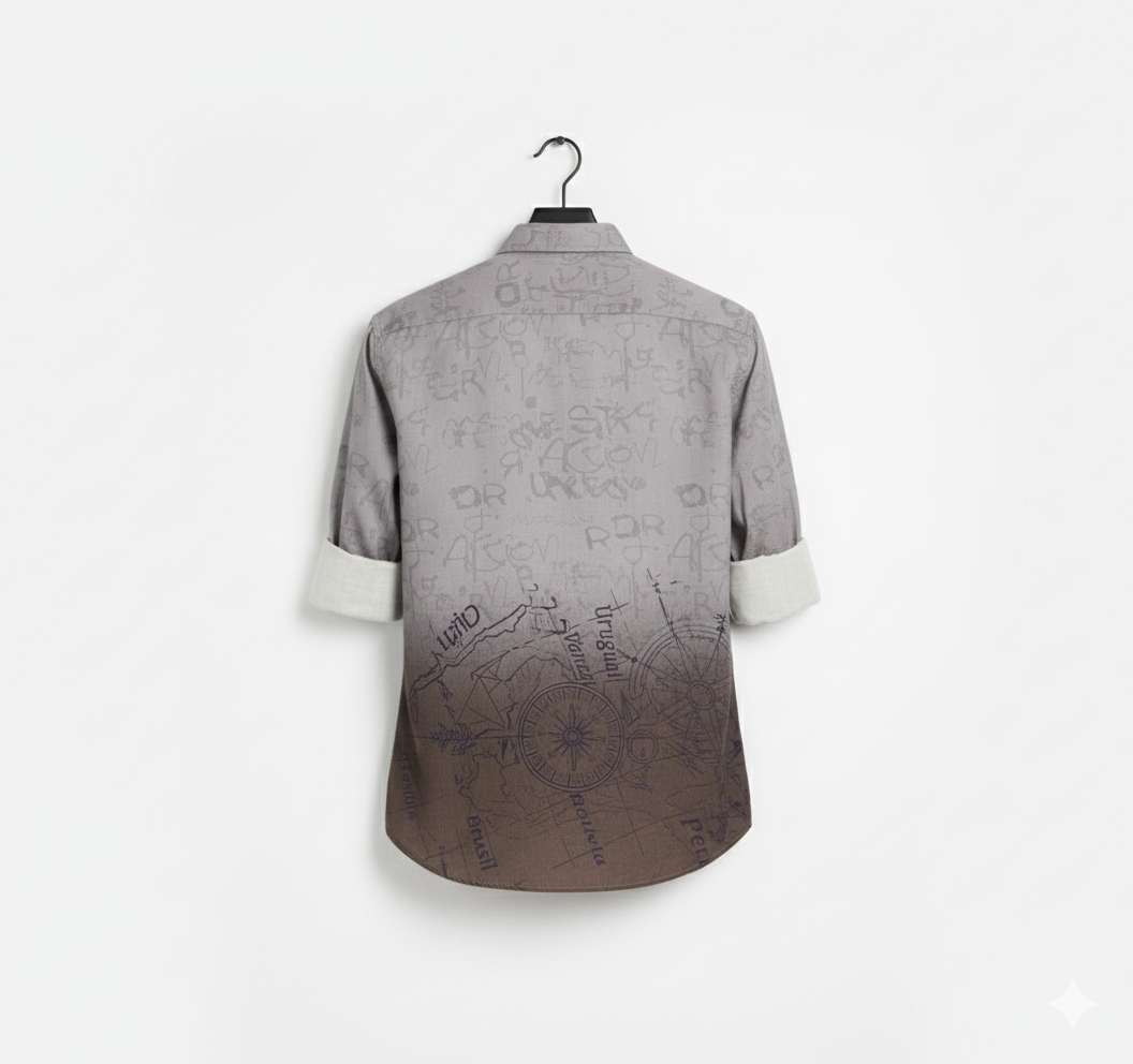 Gray shirt with a gradient design on a hanger against a white background