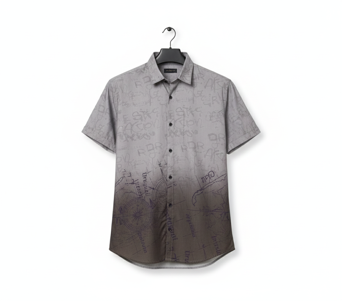 Gray short-sleeve shirt with text pattern on a hanger against a white background