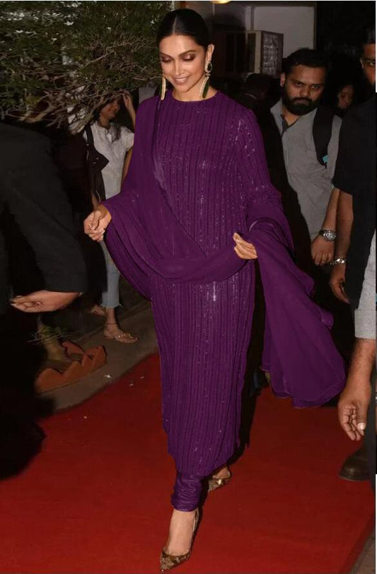 Purple Deepika Padukone Bollywood Sequence Work Designer Party Wear Suit
